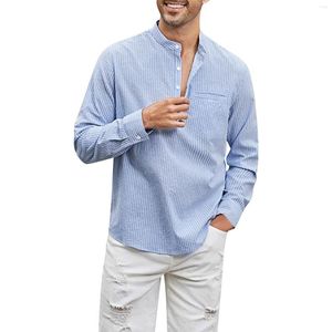 T-shirt da uomo Camicetta con colletto Camicia da uomo a maniche lunghe con bottoni in cotone a righe casual primaverile ed estivo, maglietta oversize