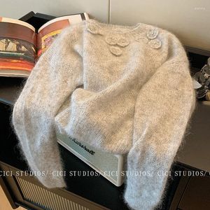 Kvinnors tröjor mjuka kashmir Kvinnor Stickad Pullover 3D Flower Wool Mohair Sweater Chic Diamond Long Sleeve Warm Jumper Grey Spring Autumn