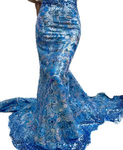 Senaste French Tulle Laser Lace Embroidery Sequins Fabrics Blue Bridal Dress African Women Party Banket Moderna lyxdräkter klänning Högkvalitativ 5 meter 2023 KY-6136