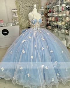 Sky Blue Sweetheart Sukienki Quinceanera z dużą kokardką Suknia Ball Sleveless Appliques 3D Butterfly Vestidos de 15 anos 322