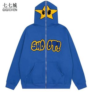 Men's Hoodies Sweatshirts Mens Oversize Hooded Jacket Streetwear Hip Hop Embroidery Star Letter Full Zip Up Fleece Jackets Vintage Fashion Coat Couple 230927