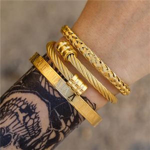 3pcs Set Roman Sayısal Erkek Bilezikler Paslanmaz Çelik Kenevir Halat Tokası Açık Bangles Altın Pulseira Bileklik Bileklik Mücevherleri298g