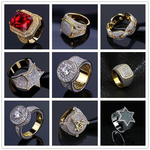 Muitos designs para opções de anéis de ouro com brilho gelado masculino joias de hip hop legal pedra CZ masculino anéis de hiphop tamanho 7-11339K