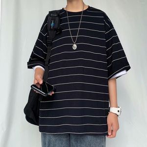 Men's T Shirts Half Sleeve T-shirt Men Tops Short Fatty Trend Summer Street Loose Hong Kong Stripe Oversized Clothing