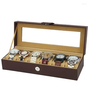 Caixas de relógio de alta qualidade 6 grades de armazenamento organizador caixa de exibição de couro luxo vidro para titular homens presente de dia dos namorados