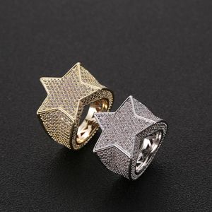 Men Copper Iced Out Cz Stones Star Shape Ring Gold Silver Color Plated High Quality Jewelry278R