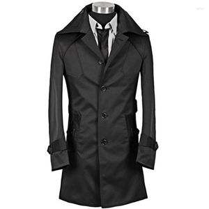 Erkek trençkotları Kore tarzı palto bahar ve sonbahar tek göğüslü orta uzunlukta ince siyah rüzgar kırıcı Sobretudo Techwear