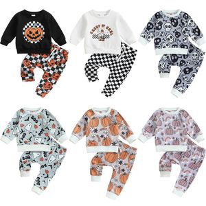 Strampler 2023 Kleinkind geboren Mädchen Jungen Halloween Kleidung Sets Ghost Skull Kürbis Print Rundhalsausschnitt Langarm Sweatshirts Hosen 230928