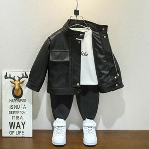 Jacken 2023 Jungen Mädchen Kunstlederjacke Kinder Baby Feste Volle Hülse Knopf Top Kinder Mode Mantel Outwear 1-8Y 230928