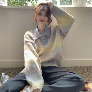 Women's Sweaters Polo Neck Gradient Contrast Simple Knit Sweater Preppy Style Loose Elegant Pullover 2023 Autumn Fashion Women