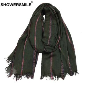 Scarves SHOWERSMILE Cotton Linen Men Scarf Winter Army Green Striped Tassel Fashion Ethnic Style Male Accessories 230927