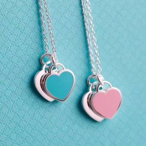 Romantic Gift Designer Necklace Love Heart Dripping Oil Enamel Collarbone Chain Double Pendant for Women Girls