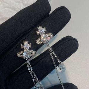 Brincos de garanhão Imperatriz Ocidental Viúva Prata Gotas de Água Longo Espumante Diamante Cristal Orelha Studs Clipe de Orelha Dois Estilos de Desgaste Brincos de Moda para Mulheres Jóias22