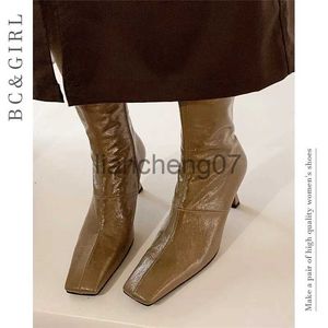 Stövlar högklackade kort-zip Fashion Boots Design Wrinkle Patent Leather Glossy Leather Delicate Women's Shoes X0928