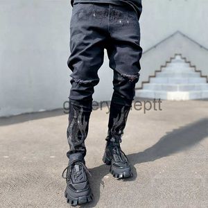 Męskie dżinsy 2023 Zagrypowane męskie dżinsy na chude dżinsy czarne stretch dżinsowe spodnie Man Denim Street Punk Slim Fit Biker Spodery J230928