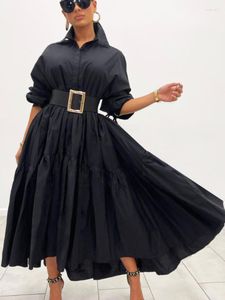 Casual Dresses 2023 Shirt Dress Puffy Long Sleeve Buttons Maxi Folds Robes Elegant Women Retro Fashion Fall Clothes Streetwear