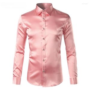 Men's Casual Shirts Pink Silk Satin Shirt Men 2023 Fashion Long Sleeve Mens Slim Tuxedo Shiny Emulation Button Down Dress