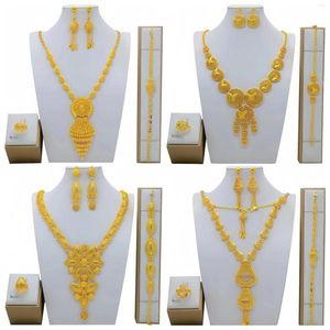 Комплект ожерелья и серег Дубай, позолоченные ювелирные изделия из 24-каратного золота, арабская невеста, свадебный браслет, кольцо Bu10201