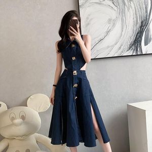 Casual Dresses BULOCHOVA Designer Sommer Undichte Taille Slim Denim Langes Kleid Für Frauen Revers Einreiher Ärmellos Offene Gabel Vestidos