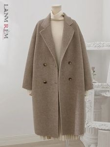 Kvinnors ull blandar Lanmrem Löst ullrock för kvinnor LAPEL DUBBELBRASTED LÅNGSKA KOREAN SOLID Office Lady Coats Autumn Winter 32D585 230927