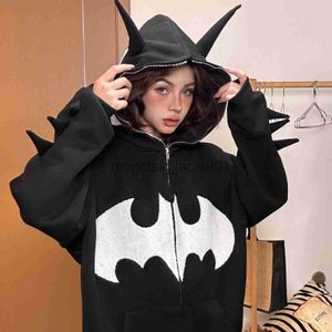 Hoodies femininos moletom gótico cor sólida bat casual casal moletom feminino harajuku bat orelha chapéu zíper jaqueta com capuz y2k hip-hop moletom masculino j230928