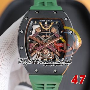 RRF 47 Ultima versione Giappone Miyota NH Orologio automatico da uomo Cassa in ceramica nera Quadrante dorato con armatura samurai Cinturino in caucciù verde Versione super eternità Orologi da polso