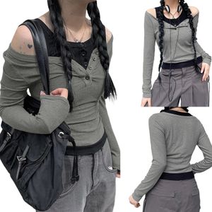 Kvinnors t-shirt kvinnor långärmad stickad toppar avslappnad kontrast färg pullover kall axel skjorta för klubb streetwear 230927