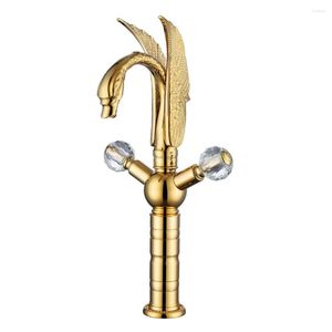 Bathroom Sink Faucets Luxury Gold Brass Faucet One Hole Two Crystal Glass Handles Basin Mixer Tap Cold Water Golden Bath