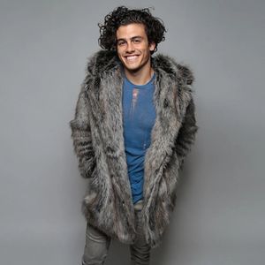 Men's Fur Faux Fur Plush Hoodie Fluffy Fleece Jacket Coat Trench Men Winter Leisure Warm Coat Long Type Coat Fur Jackets