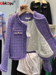 Women's Wool Blends Winter Korean Single Breasted Tweed Coat Elegant Round Collar Warm Jackets Cotton Padded Lined Thick Tassel Edge Design Jaqueta 230927