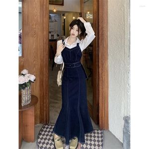 Günlük elbiseler mavi denim kayış elbise kemer dekor kadınlar bahar yaz balık kuyruğu vintage port tarzı zarif uzun vestidos