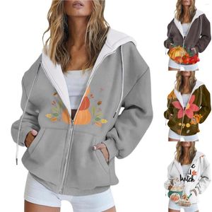 Kobiety z kapturem Women Graphic Pullover Sweter Zip Up moda jesień i zimowy kolorowy alfabet z dyni