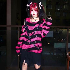 Women's Sweaters Y2K Gothic Distressed Sweater Oversized Purple Black Striped Knit Jumper Pullover Women Aesthetic E-Girl Alt Outfit