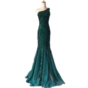 One Shoulder Emerald Evening Dresses Green Sequined Long Mermaid Prom Gown Glitter Elegant Party Dress Pattern Lace Formal Dress ENG056