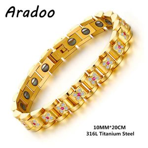 Bangle Aço Banhado 18K Ouro Micro Zircônia Senhoras Energia Pulseira Magnética Anti Fadiga Perda de Peso Saúde 230928