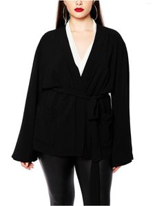 Outerwear Plus Size Elegant Spring Autumn Open Front Long Flare Sleeve Coat Women Solid Black Pocket Sides Sashes Casual Cardigan 7XL 8XL