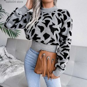 Kvinnors tröjor Ficusrong Kvinnor Autumn Winter Leopard Print nippad skördtröja Hoppare för damer Fashion O Neck Full Sleeve Stickovers T230928