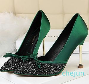 Women High Heels Lady Fetish Carzy Scarpins Satin Bowknot Pumps Kobiet zielony klub nocny