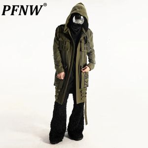 Men's Wool Blends PFNW Woolen Long Coats Hooded Safari Style Jackets Stitching Color Zipper Midlength Outerwear Blet Winter Trendy 28W1622 230927