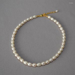 Pendant Necklaces French Small Fragrance Gentle Temperament Fresh Water Breeding Oval Rice Grain Bright Pearl Short Necklace Collarbone