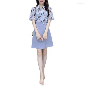 Vestidos de trabalho feminino verão terno chiffon camisa saia superior conjuntos de duas peças azul claro meninas bonito