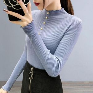 Blusas femininas Mulheres de malha Top Chic Cozy Knit Sweater Tops Slim Fit Gola Alta Soft Elástico Pulôver para Outono Inverno Moda Sólida