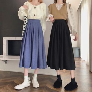 Skirts Korean Style Women's Midi Skirt 2023 Autumn High-Waisted Corduroy Long Women College Pleated A-Line