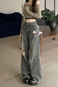 Jeans para mujer Estilo americano Retro Rasgado Otoño Suelto Recto Pierna ancha Pantalones Demin Y2K Spicy Girl High Street Pantalón desgastado