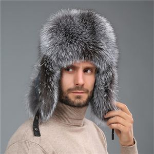 Męski prawdziwy lis futra i prawdziwy skórzany kapelusz Rosyjski Ushanka Winter Warm Aviator Trapper Bomber Ski HARMUFFS CAP316L