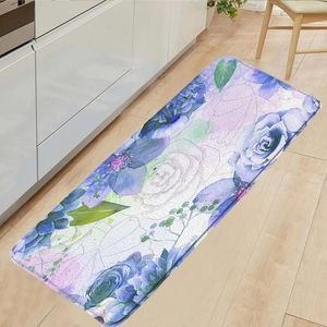 Tappetini da bagno Fiori Tappetino da cucina per pavimento Blu-viola Rosa Acquerello Floreale Ingresso casa Zerbino Camera da letto Arredamento della camera Tappeto antiscivolo da bagno