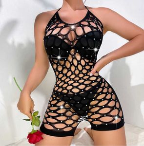 Sexy Set Sexy Big Fishnet Halt Necker Kurze Hose Beine Strass Kleid Kristall Diamanten Bodystocking Bodysuit 230808