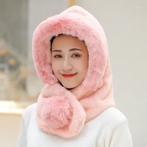 Hats Scarves Gloves Sets Plush Hat Female Autumn Winter Ear Protection Warm Scarf One Girl Lovely Women Lmitation Fur Coral Velvet Pink