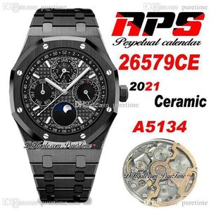 APSF 41mm Calendário Perpétuo 26579CE A5134 Relógio Masculino Automático Superlumed Azul Texturizado Dial Fase da Lua Caixa de Cerâmica Preta e Br259b