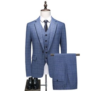 New Men's Suit Set Plaid Large Casual Blazers Three Piece Fitted Groom Wedding Dress Wholesale